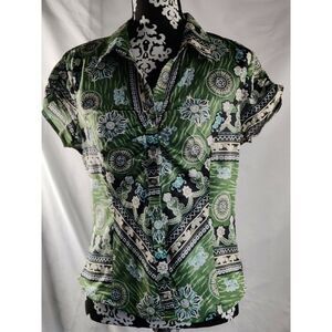 Manhattan Girl Button Up Blouse Shirt Collared Cap Sleeve Womens Size Medium